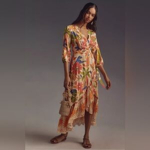 NWT ANTHROPOLOGIE | Farm Rio Long-Sleeve V-Neck Wrap Midi Dress